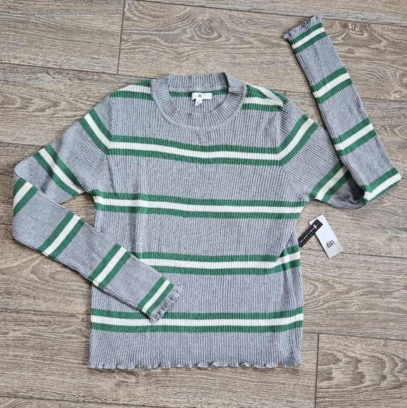 BP. Gray & Green Striped Ribbed Knit Lightweight Sweater with Lettuce Hem - Picture 1 of 9